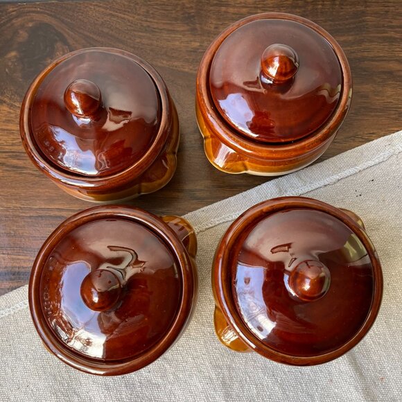 4 Ceramic Individual Pots Crocks Oven Baking Casserole Bean Onion Soup Taiwan - Picture 8 of 15